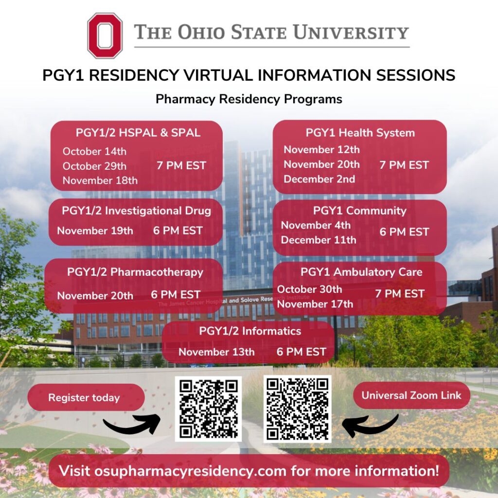 Ohio State Pharmacy PGY1 Residency virtual session dates with QR codes for registration and Zoom.
